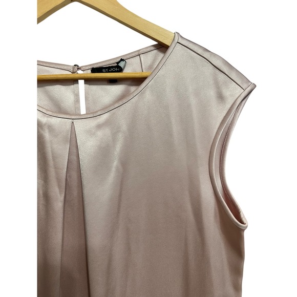ST JOHN Pink Satin Cap Sleeve Pleated Front Blouse Top Women's Size L - Picture 2 of 7